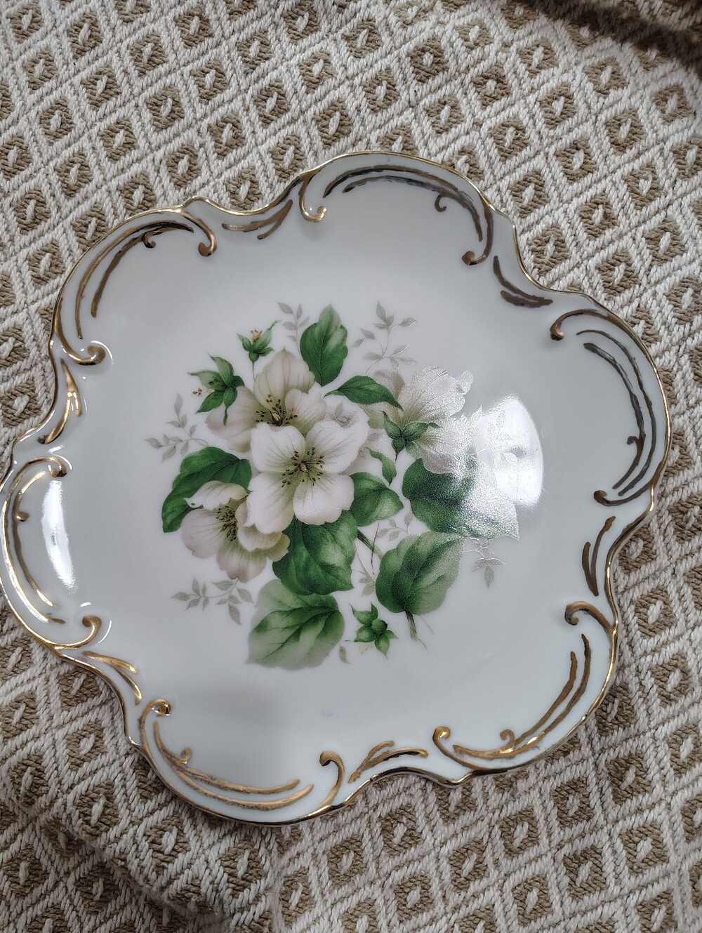 Elegant White Vintage Floral Porcelain Decorative Plate with Gold Trim